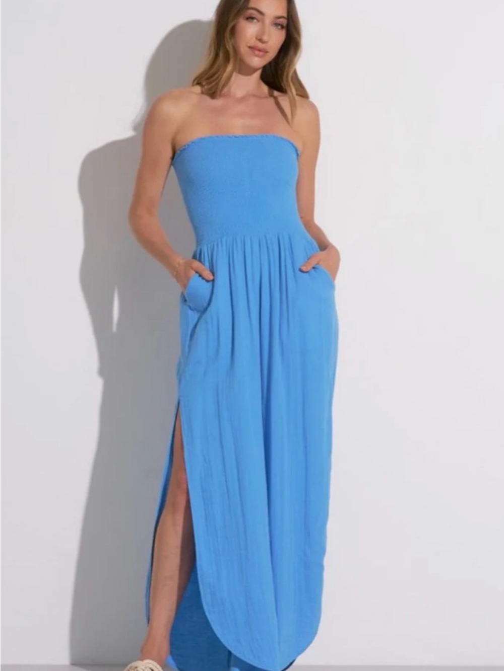 Elan Strapless Sky Blue Smocked Romper / Jumpsuit with Side Slits Size L NWT